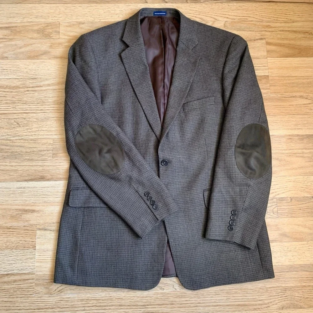 Stafford‎ Essentials Sports Coat 44L Classic Fit Elbow Patch Houndstooth Wool